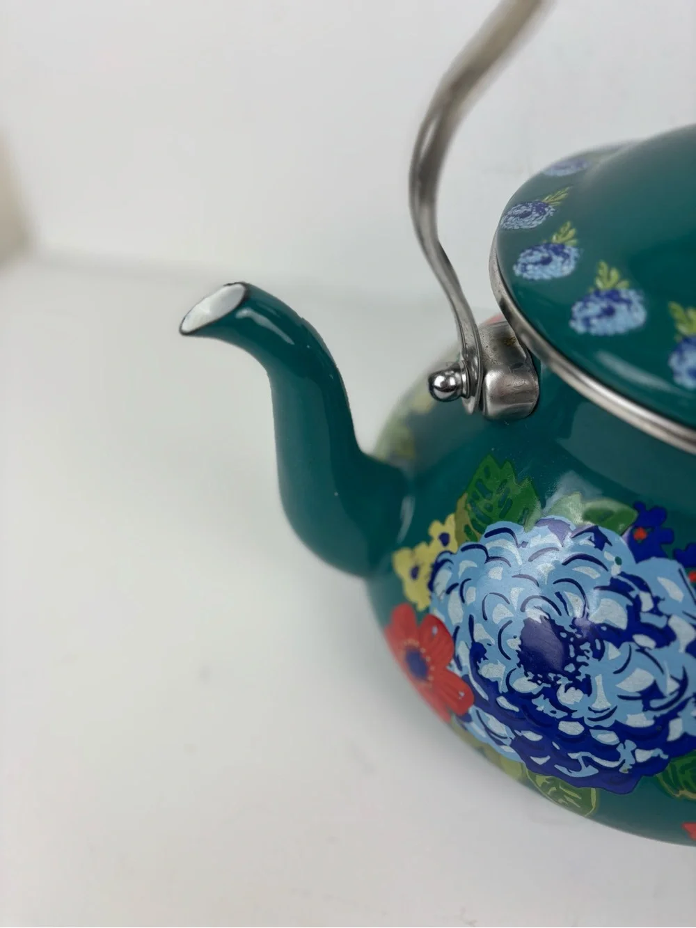 Pioneer Woman Teal Floral Enamel Tea Kettle-EUC-RARE color!